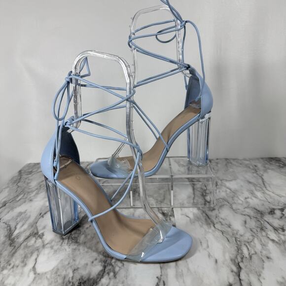 Aldo Onardonia Ankle Wrap Heels Womens Size 10 Blue Clear Heel Cinderella Ice - Picture 7 of 13